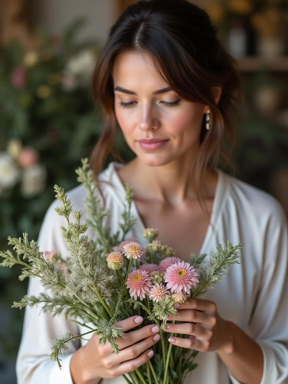 The founder of Aion Flowers carefully selecting blooms in the studio.