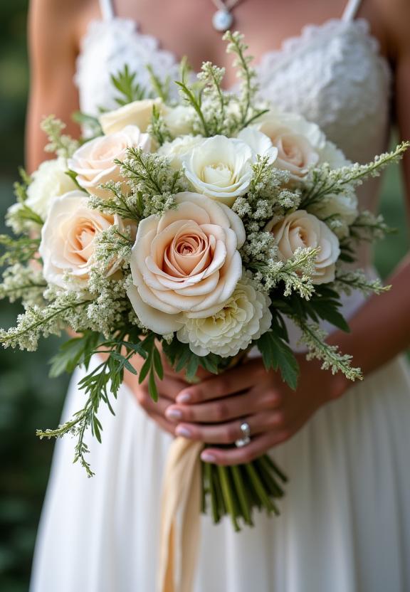 A close-up of an intricate and wild-style bridal bouquet.