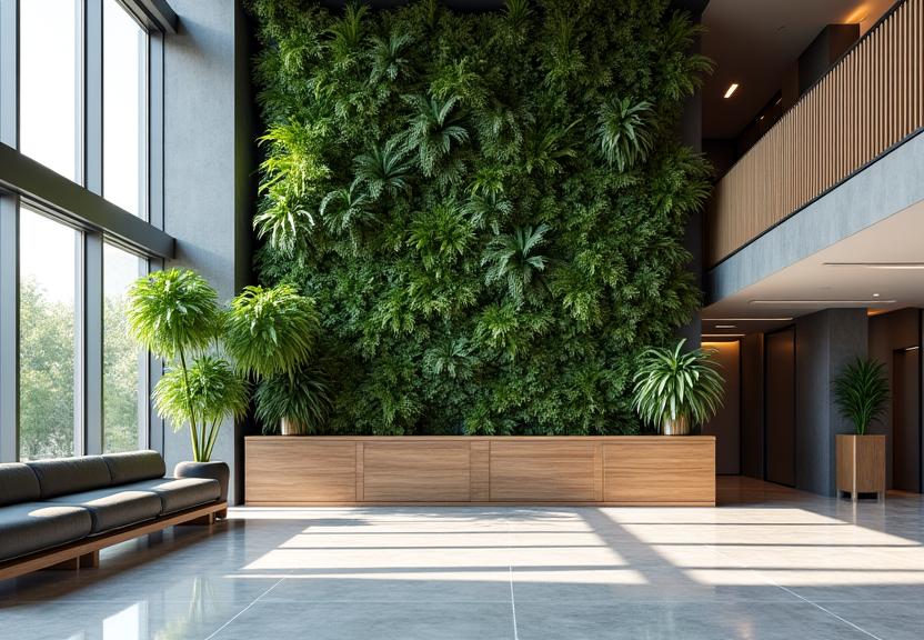 A modern corporate lobby featuring a stunning botanical installation.
