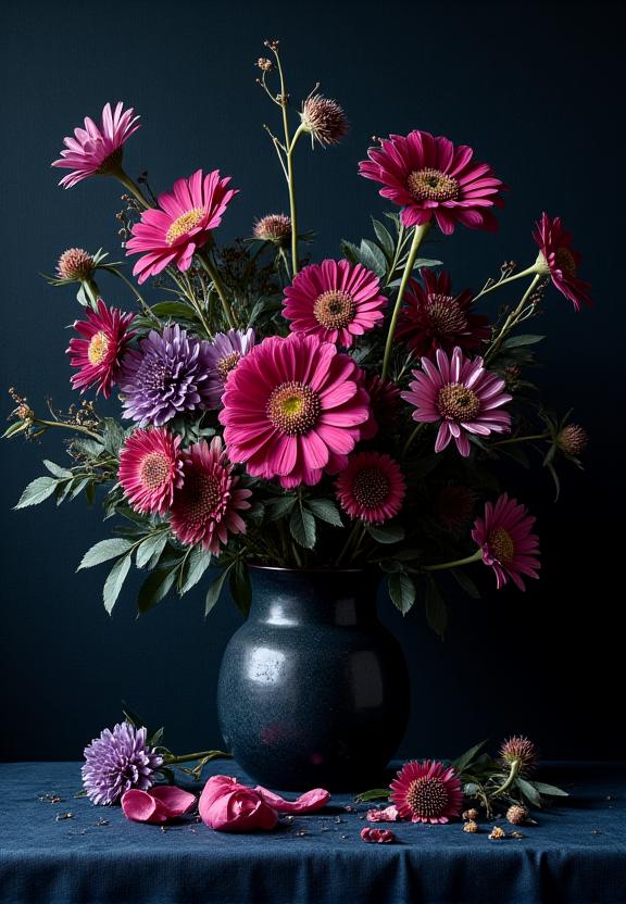 A dark and moody still life floral arrangement in the Dutch master style.