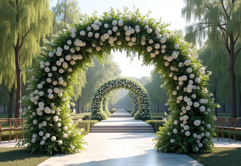 A large floral archway created for a wedding ceremony.