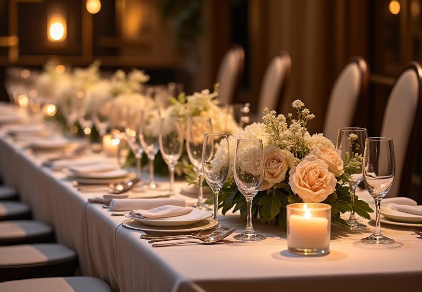 An elegant, long centerpiece for a formal dinner event.