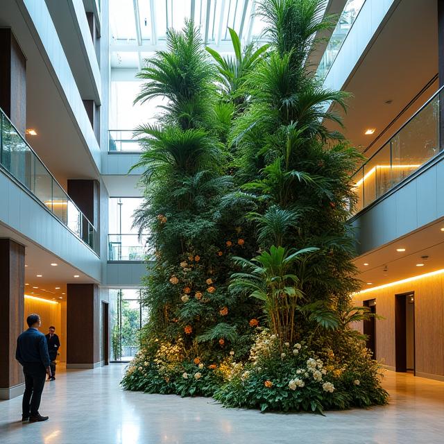 A large, artistic botanical installation in a modern building lobby.