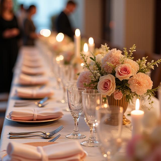 An elegant wedding table adorned with Aion Flowers floral arrangements.