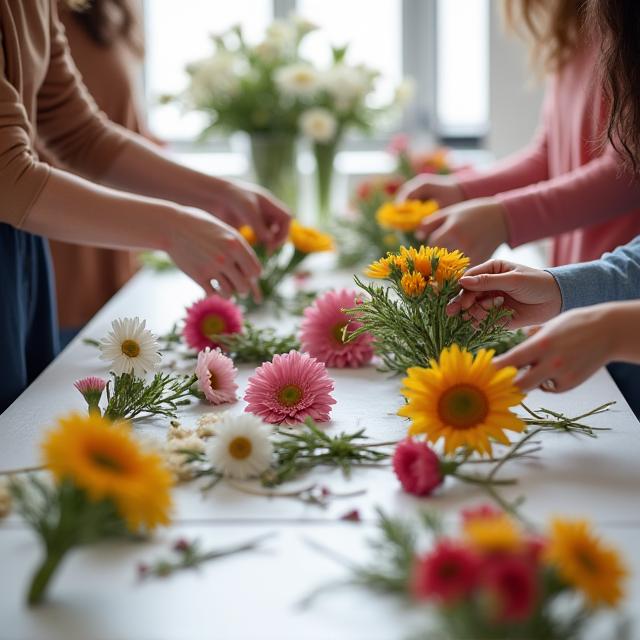 Participants arranging flowers during a creative workshop.