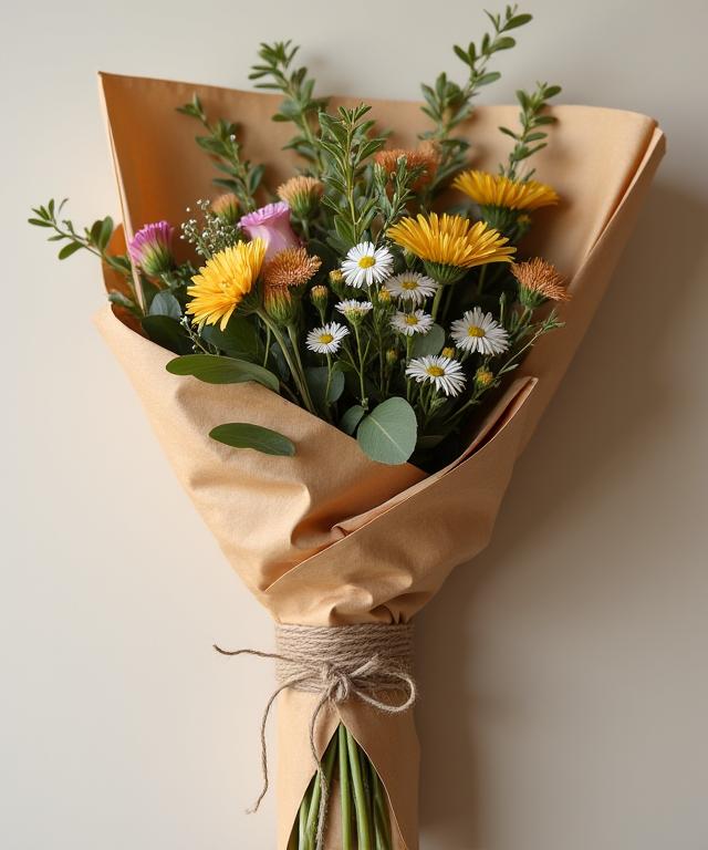 Eco-friendly brown paper and natural twine used for packaging a bouquet.